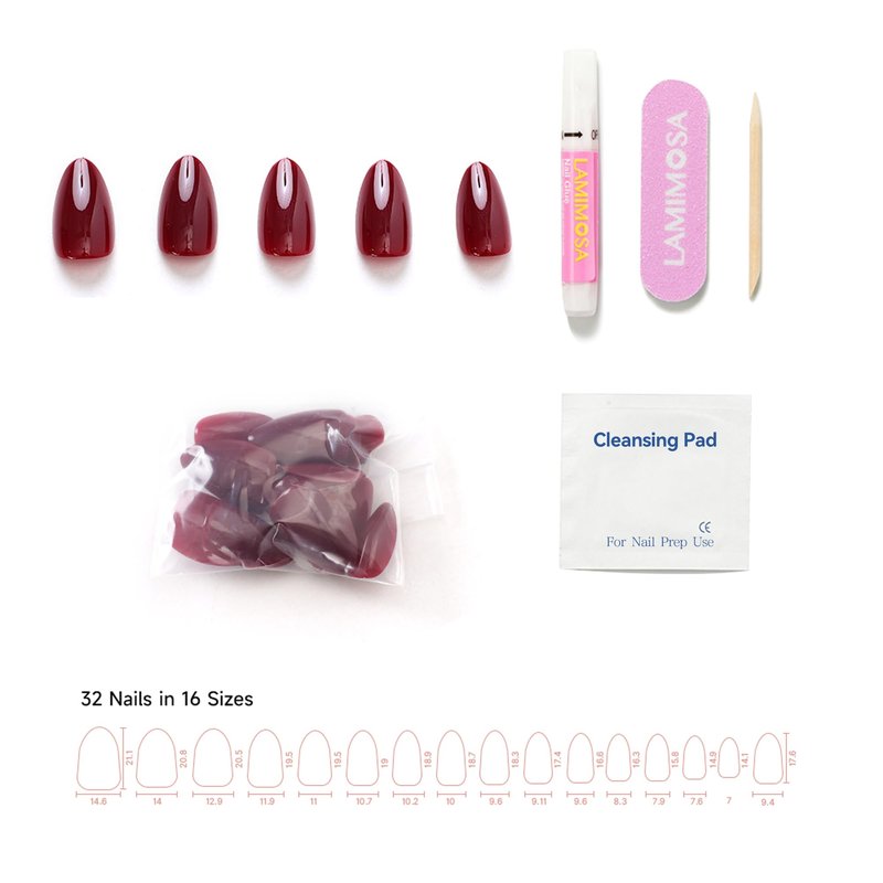 LAMIMOSA 32Pcs Burgundy Press On Nails Short Almond – Soft Gel Red Solid Color Fake Nails in 16 Sizes, Reusable Glue on Nails Kit, TUSCAN WINE