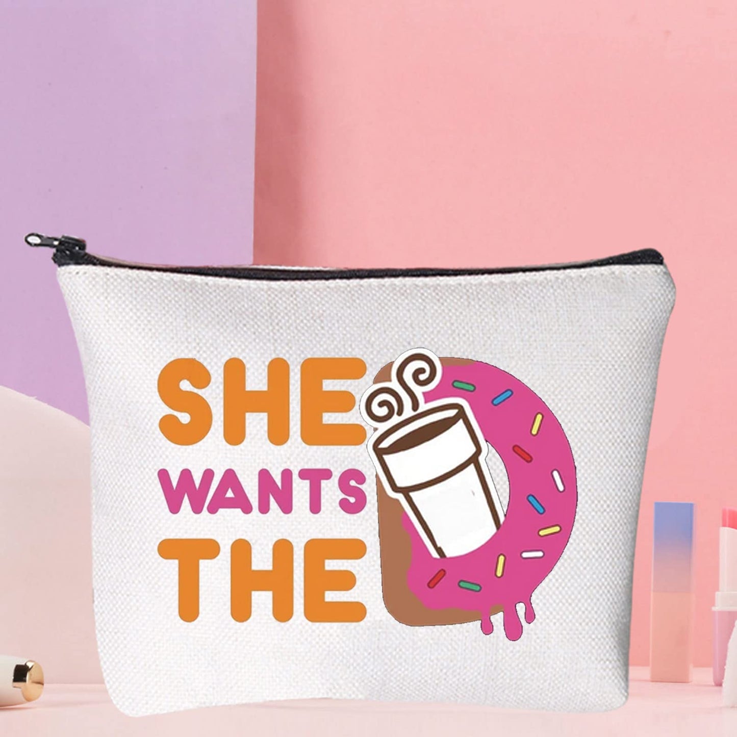 WZMPA Donuts and Coffee Cosmetic Makeup Bag Donuts Lover Gift She Wants The Donuts Makeup Zipper Pouch Bag For Friend Family (She Wants The BG)