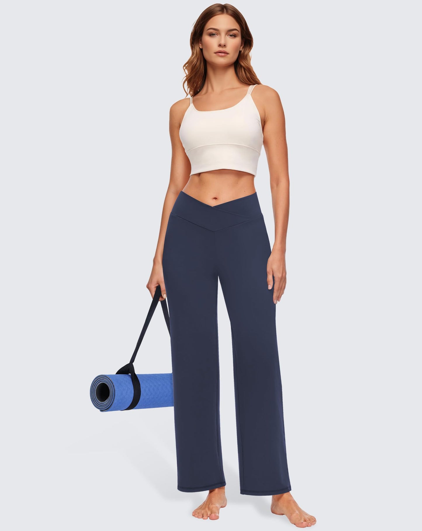 SEMARO Womens Wide Leg Dress Pants Crossover High Waist Stretch Casual Work Slacks Trousers with Zipper Pocket Navy