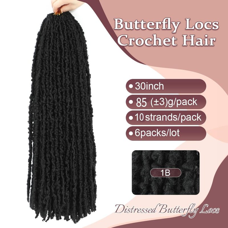 GetGal 30 Inch 6 Packs Butterfly Locs Crochet Hair Soft Distressed Locs Crochet Hair for Black Women Pre Looped Long Butterfly Faux Locs Natural Braids Hair Extension(30inch,1B)