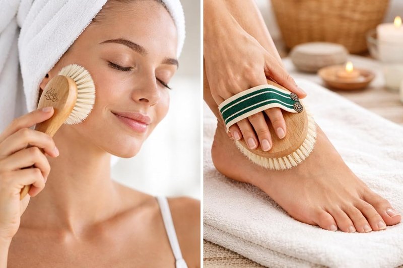 4-Piece Dry Brush Set - Natural Bristle Exfoliating Body & Face Brushes | Includes Pumice Stone & Wooden Massage Tool