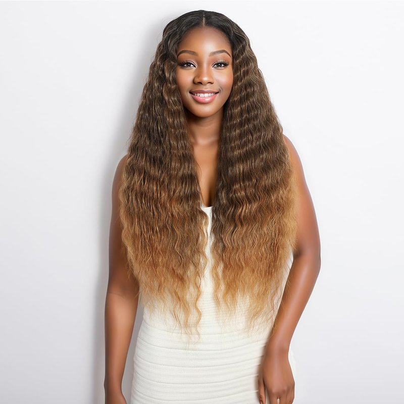 Civrie 30 Inch Lace Front Wigs Synthetic Hair Wigs for Balck Women,13x4x1 T Part Curly Lace Wigs, Ombre Light Brown Crimped Deep Wave Culrs Curly Wigs for Daliy Use, Korean Fiber Curly Wigs