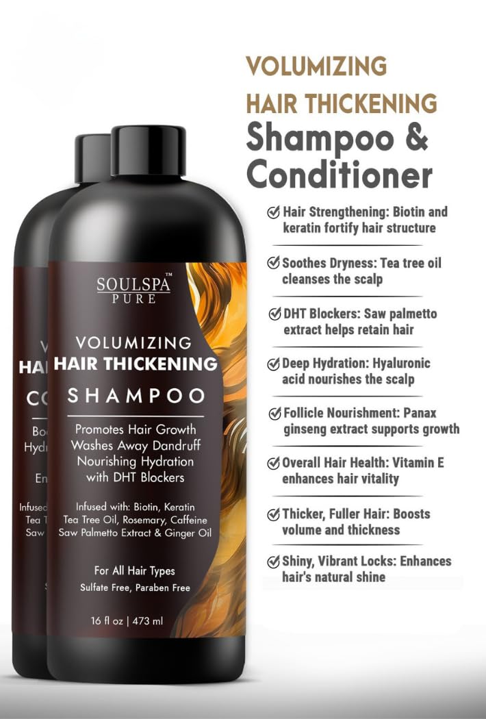 SOULSPA PURE Thickening Shampoo and Conditioner Set - Volumizing Formula with DHT Blockers, Biotin, Keratin, Caffeine & Saw Palmetto - Hair Thickening for Men & Women - 16 fl oz Each