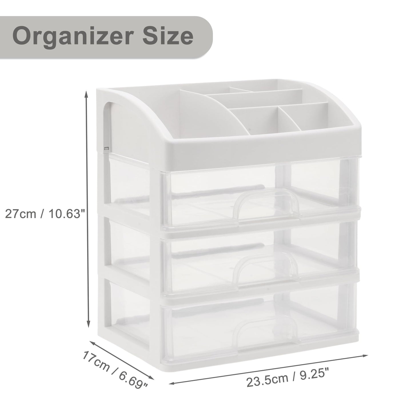 VOCOSTE Makeup Organizer Countertop, 3 Clear Drawers Makeup Organizer, Skincare Organizers for Lotions Lipstick Brushes, Make Up Organizers for Counter, Clear, White