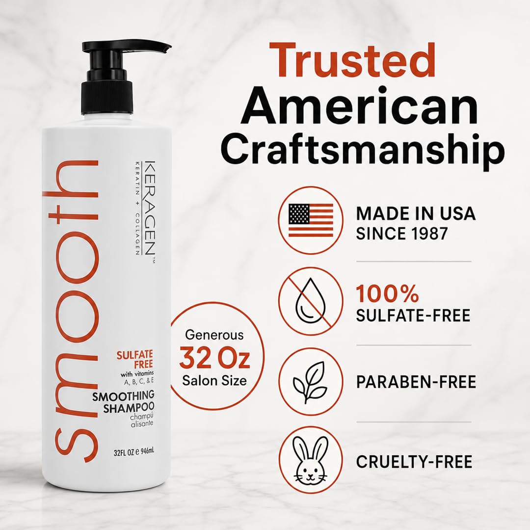 KERAGEN Smoothing Keratin Shampoo - Sulfate-Free, Paraben-Free Cleanser for Color-Treated Hair | 32 oz | Frizz Control & Cuticle Repair