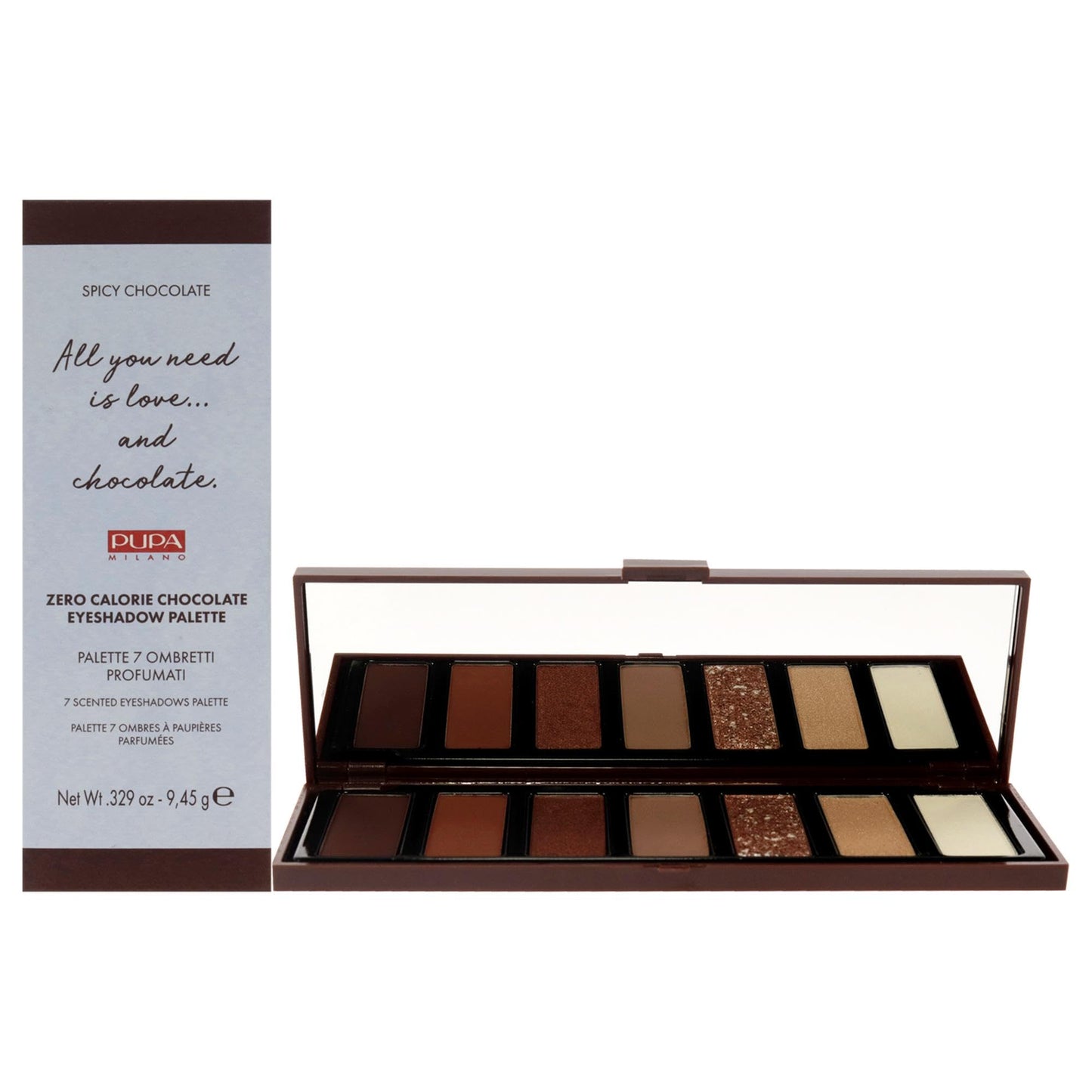 PUPA Milano Zero Calorie Chocolate Eyeshadow Palette 001 Spicy Chocolate - 7-Shade Shadow Collection with Matte, Satin, and Metallic Colors - High Pigment Formula - Soft, Blendable Texture - 0.329 oz