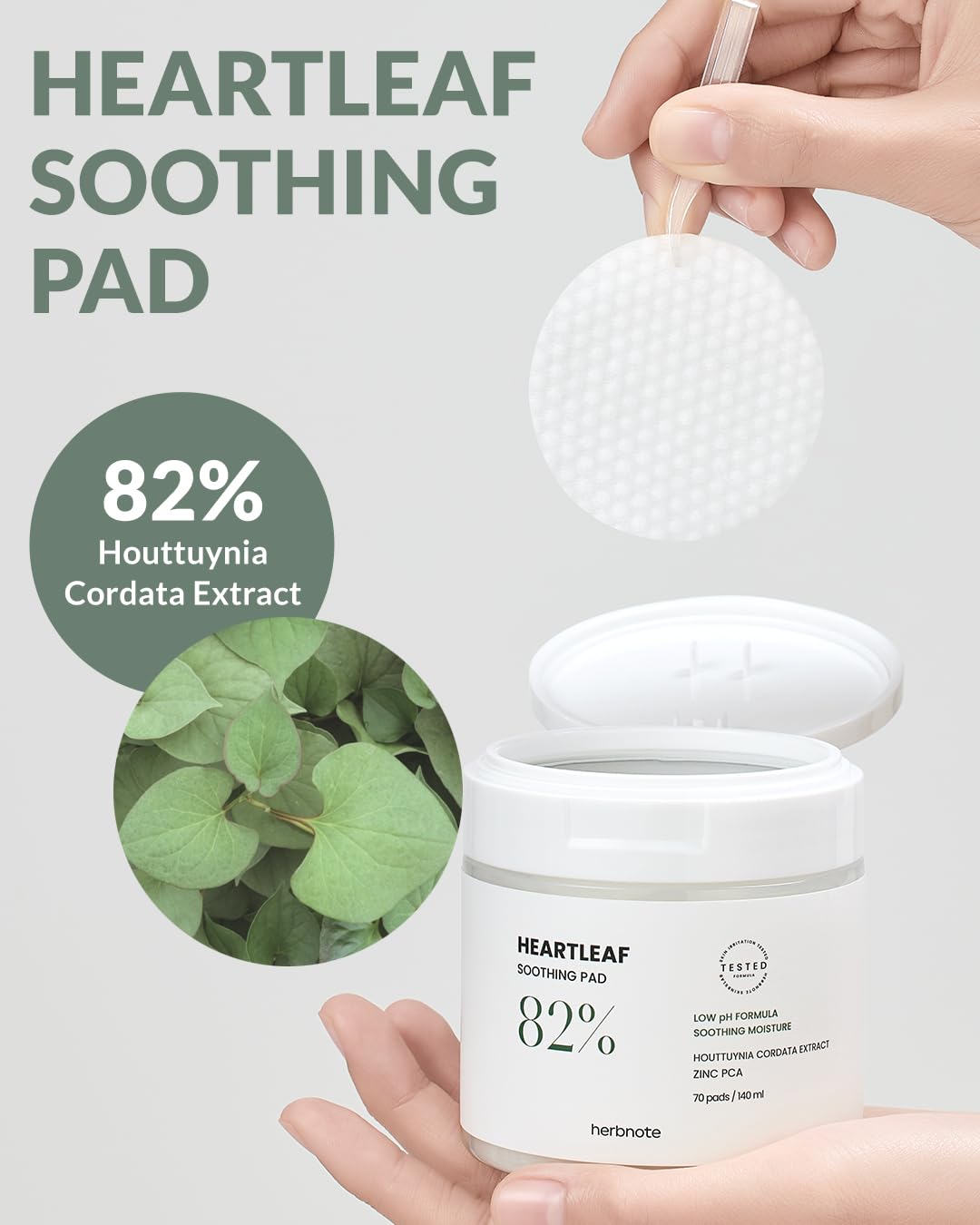 herbnote Heartleaf Soothing Moisture Pad - Enriched with 80% Low-Temperature Extracted Heartleaf & Niacinamide for Acne Control - Zinc PCA, Quercitrin for Sensitivity Relief, 70 pads