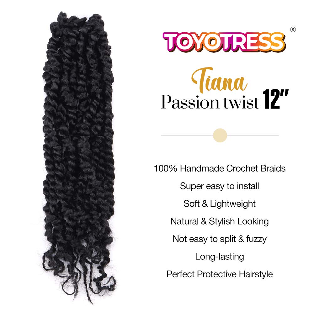TOYOTRESS Tiana Passion Twist Hair - 12 inch 8 Pcs Pre-twisted Crochet Braids Natural Black, Synthetic Braiding Hair Extension ( 12 Inch, 1B)