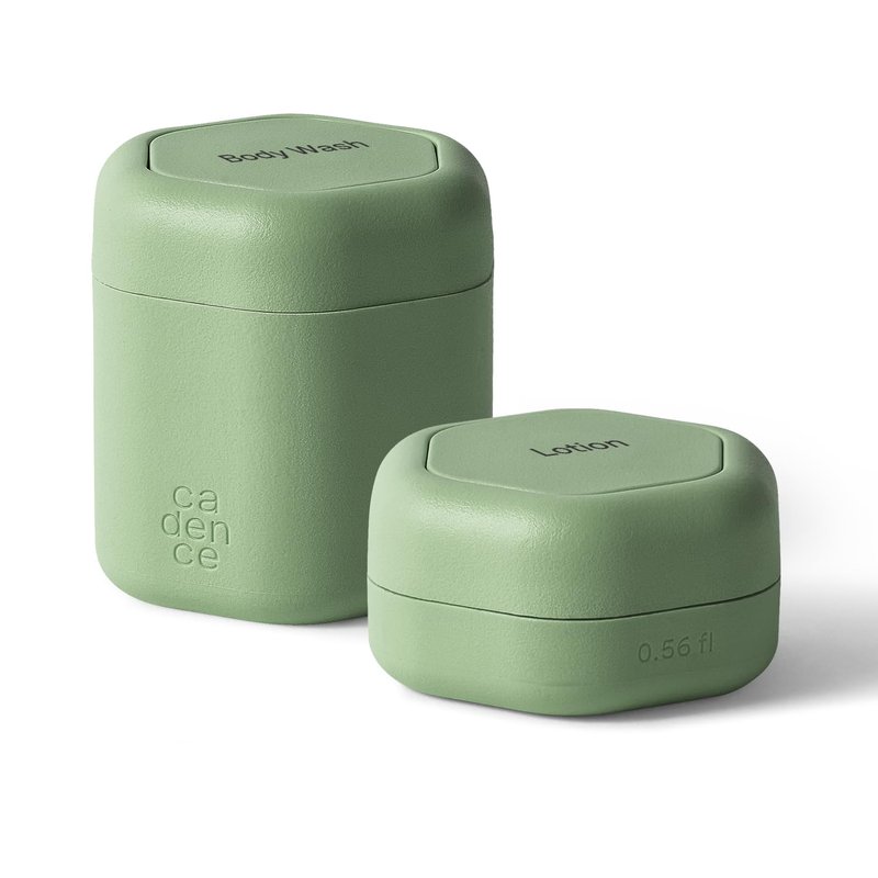 Cadence Travel Containers - 2pk (1 Small, 0.56oz + 1 Medium, 1.32oz), Eucalyptus - TSA Approved, Leak Proof, Magnetic Basic Body Care Capsules - Carry On Travel Essentials - Body Wash & Lotion Labels