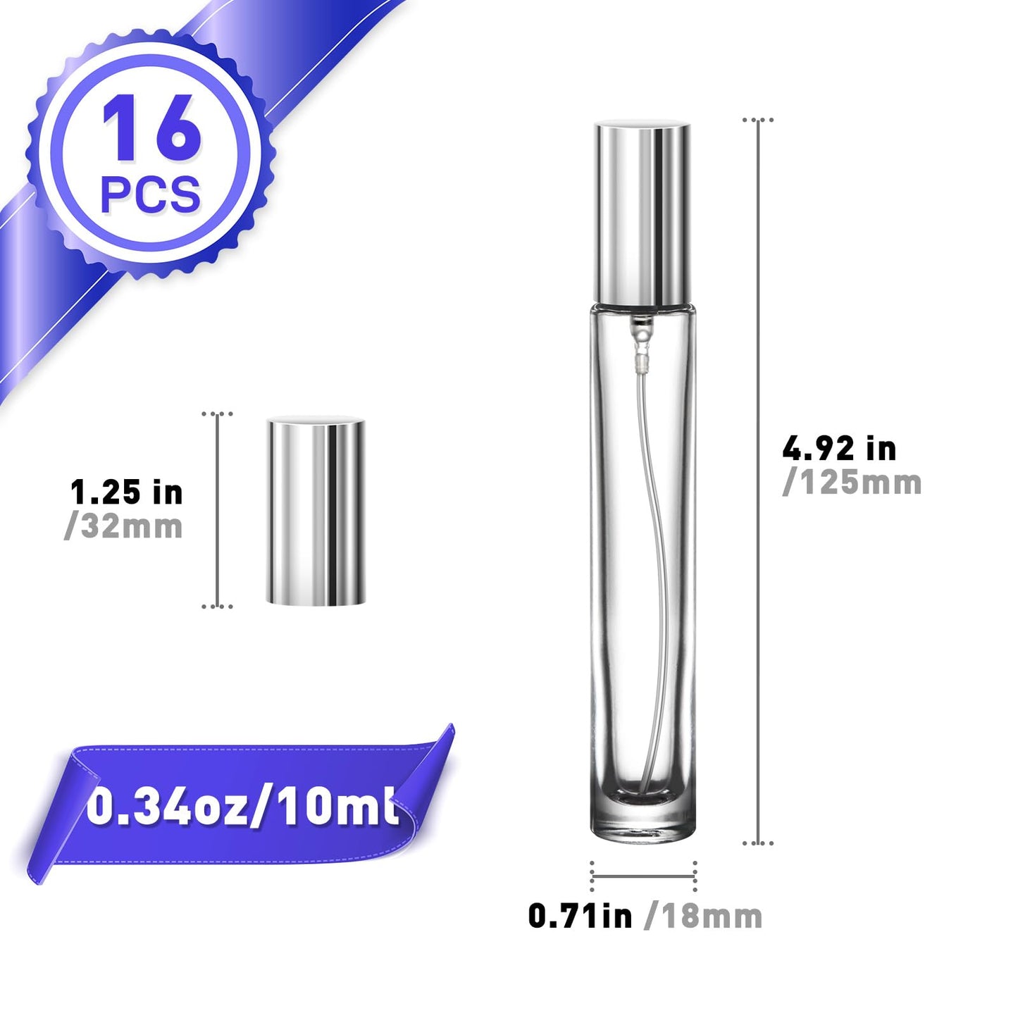 Glassfinity 16 Pack 10ml Empty Perfume Bottles, Refillable Round Glass Spray Atomizers with Funnel, Transfer Pump and Labels, Travel Fragrance Decant Bottles for Samples, Silver Caps