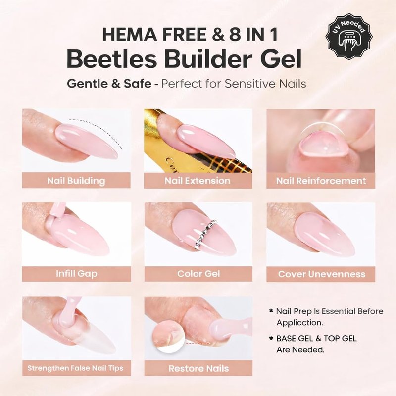 Beetles Builder Gel Nails Kit HEMA Free & Handheld Nail Lamp,8 in 1 Clear Natural Nude Building Gel with Base Top Coat,for Thickening Strengthening Building Apex for Beginner DIY Salon at Home Gifts