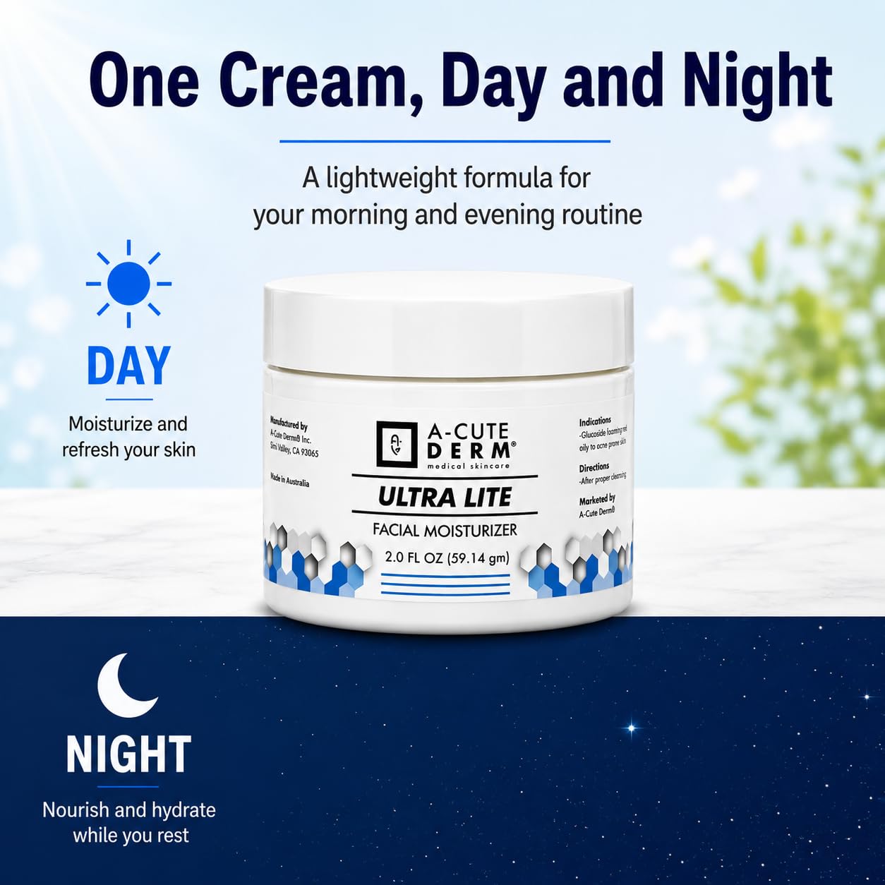 A-Cute Derm Ultra Lite Facial Moisturizer for Dry Skin | Helps in Soften and Rehydrate Skin | Day and Night Cream (2.0 oz)