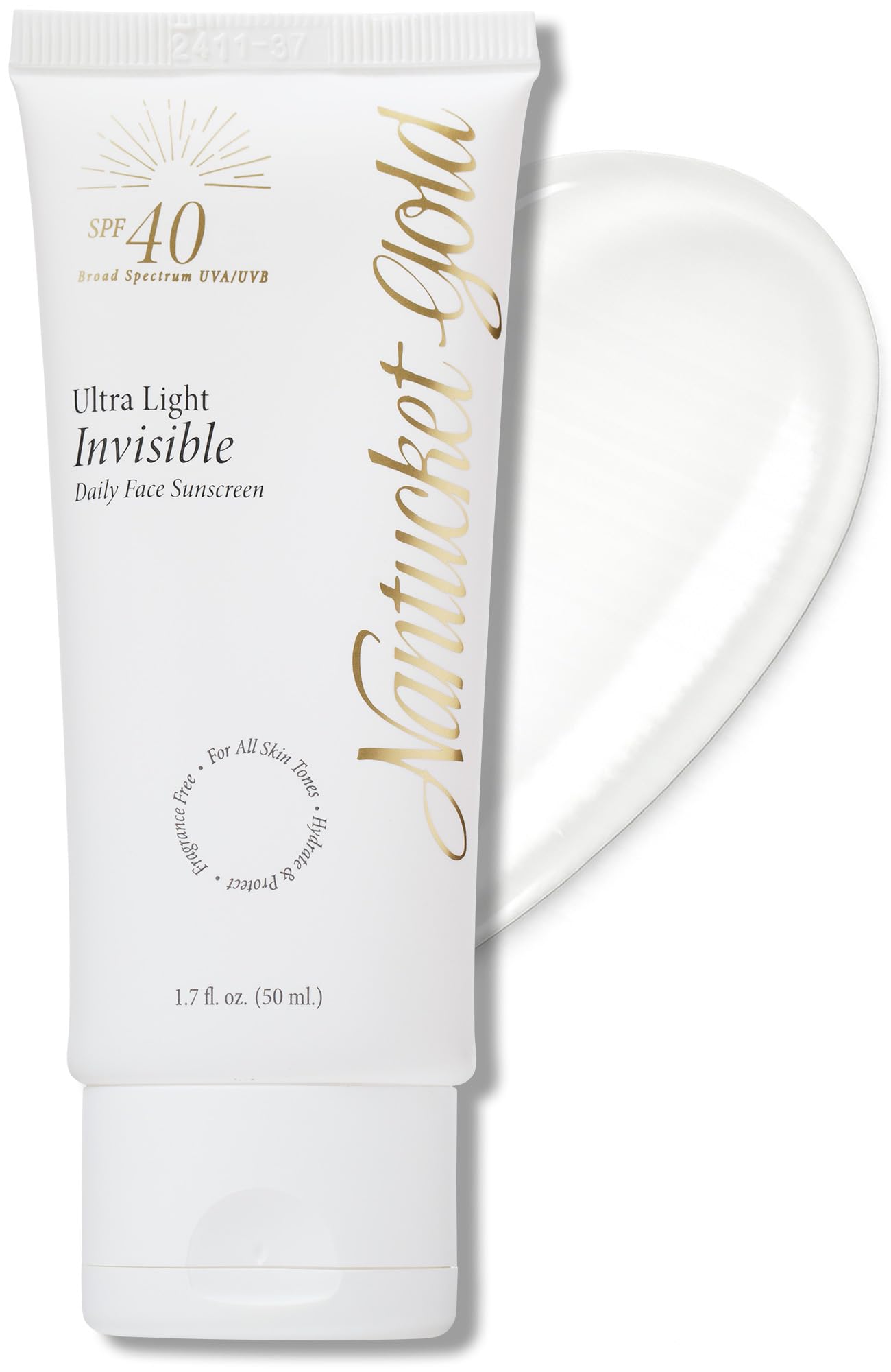 Nantucket Gold 100% Invisible Daily Face Moisturizer with SPF 40 + Hyaluronic Acid + Vitamin C, Weightless, Scentless, Primer - For All Skin Skin Tones - 1.7 fl oz