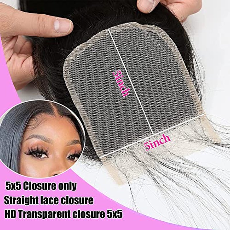 5x5 Closure Straight Human Hair 5x5 Hd Transparent Lace Closure 12A Virgin Human Hair Hd Lace Closure Pre Plucked With Baby Hair Natural Black Color(18inch)