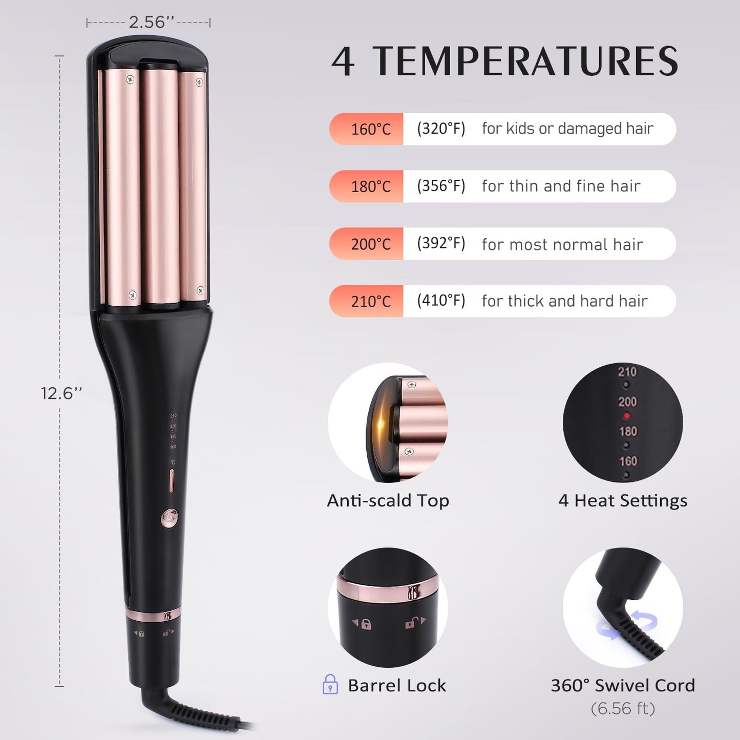 4-in-1 Hair Crimper - Adjustable Barrel for Different Wavy Looks - 3 Barrels Waver Hair Tool for Women (Healthy Ceramic Curling, Dual Voltage, 30s Fast Heating, 4 Heat Setting Up to 410℉) Gold