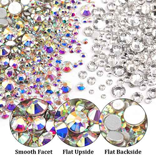 Two Packs of Flatback Rhinestones 4520 Pcs Crystal, Colorful Rhinestones for Nails, Multicolored+ AB+Transparent White Gems with Picker Tools for Bedazzling Nail Crafting Face Makeup