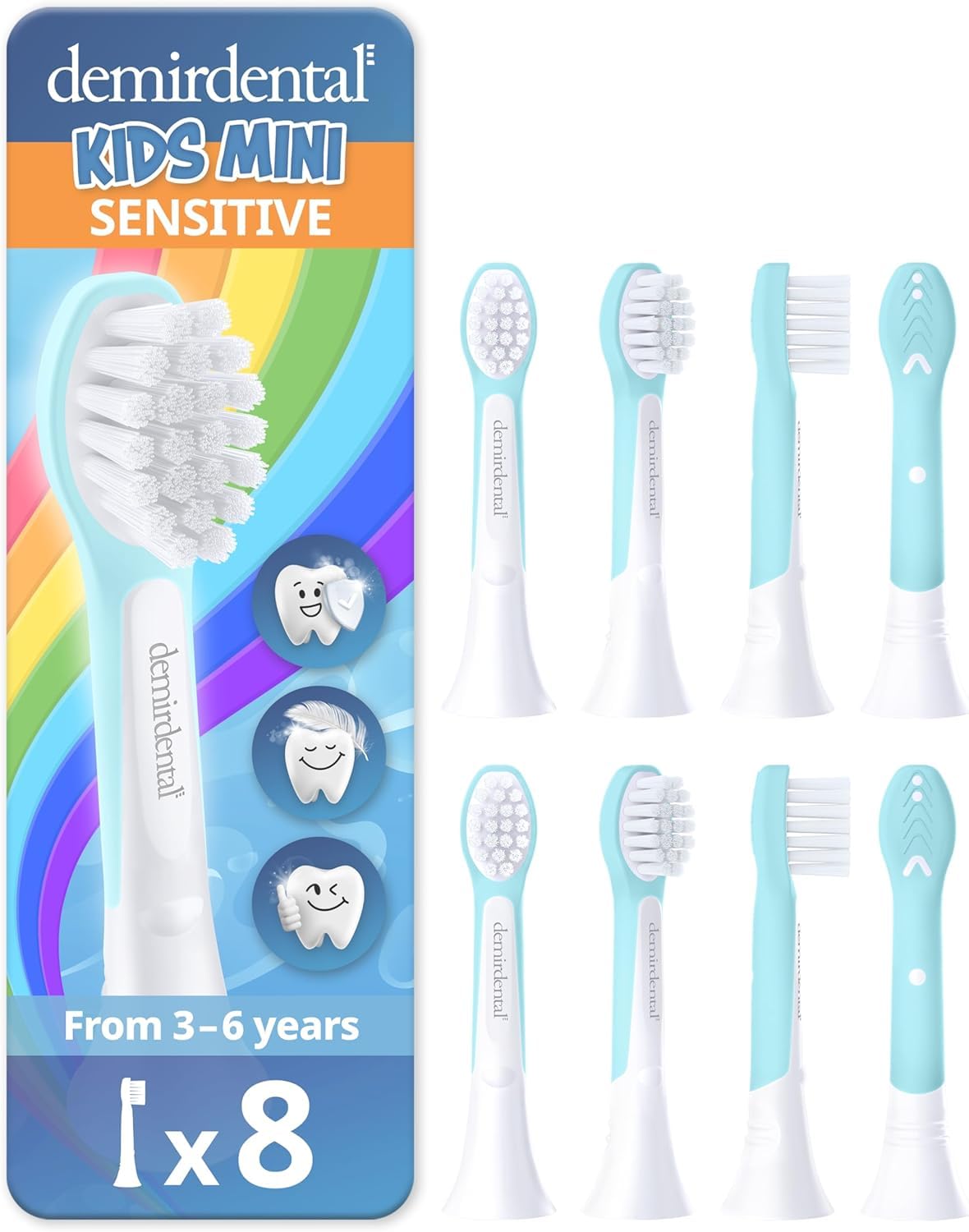 demirdental Kids mini Toothbrush Heads Compatible with Philips Sonicare Kids Toothbrush Heads - Replacement Heads mini Sensitive - Brush Heads from Ages 3 to 6 - Turquoise - Replaces HX6038-8 Pack