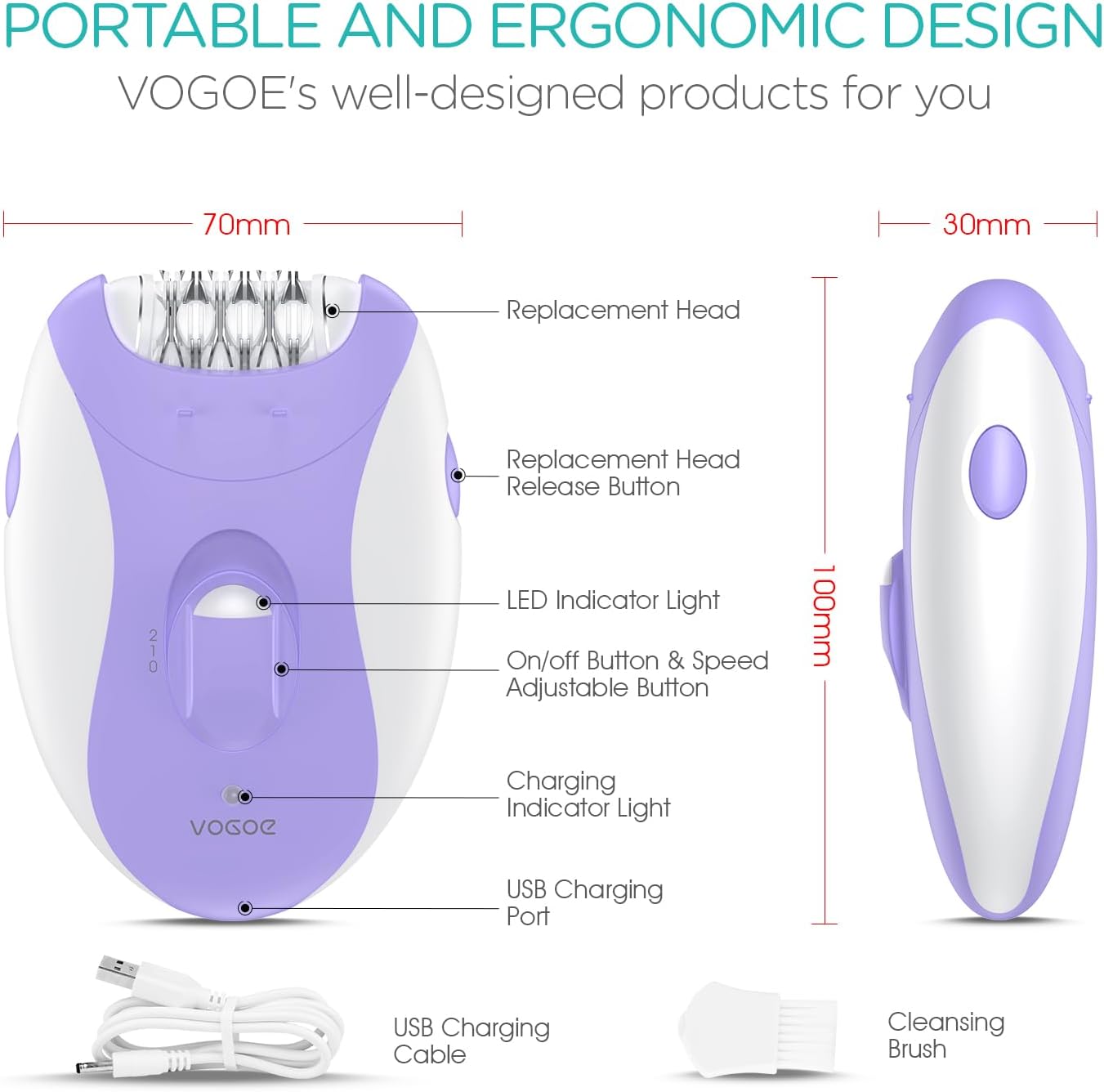 Epilator for Women - Cordless 4-in-1 Hair Removal Device with 21 Tweezers | Purple HR310