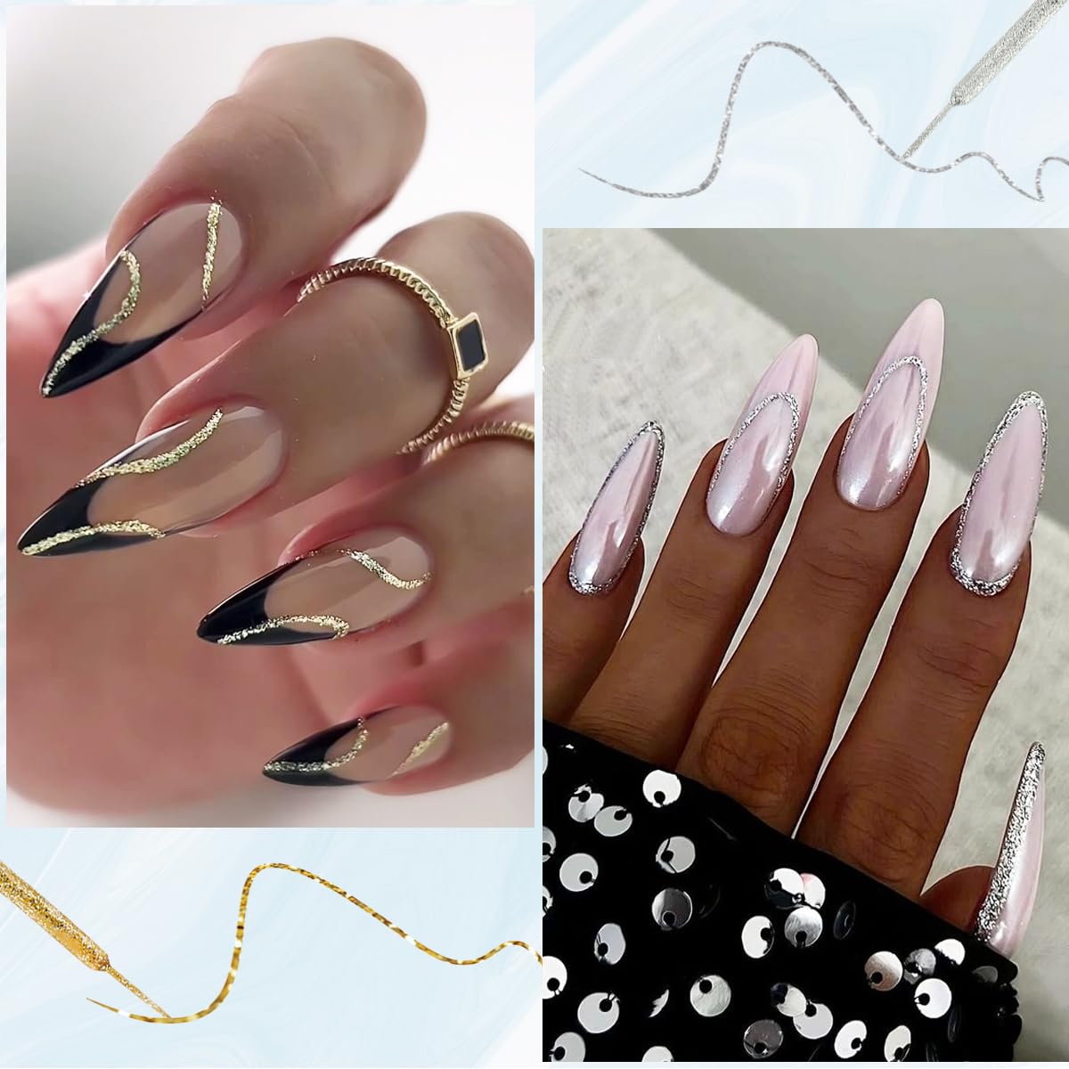 Fcozpjk Gold And Silver Gel Nail Polish 4PCS Metallic Liner Nail Art Polish Mirror Chrome Effect Metal Paint French Tips Wave Flower Dotting Drawing Nail Polish With Thin Brush