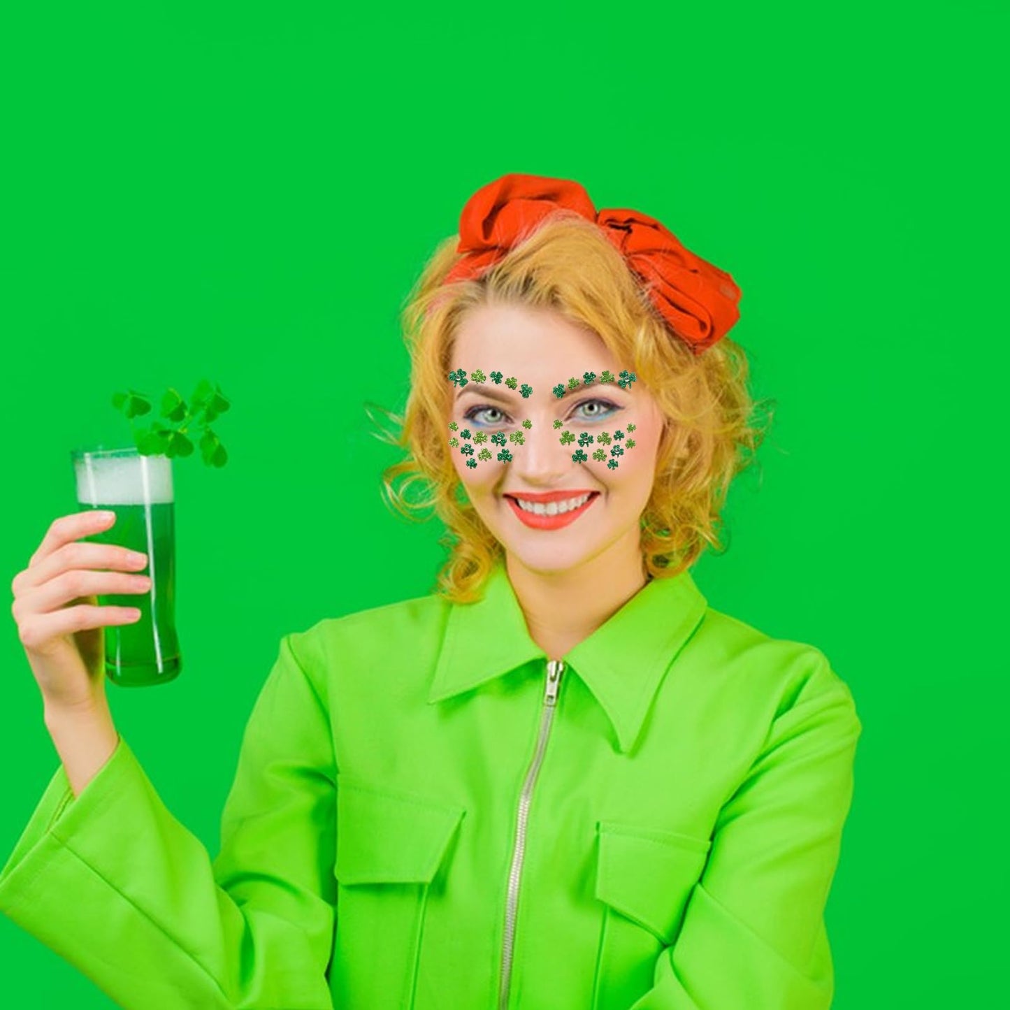 Ecuupas St. Patrick's Day Face Gems Shamrock Festival Green Glitter Clover Rhinestones Design Eyes Body Temporary Stickers for Luck Makeup Stick on Women Face Proms Decorations