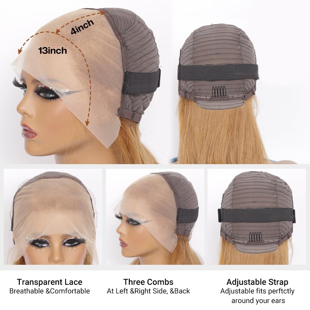 SUPERNOVA #27 Honey Blonde Short Bob Wig Human Hair Straight 13 * 4 Lace Front Wigs For Black Women Pre Plucked Pre Cut Human Hair Bob Wig With Baby Hair 200 Density 8 Inch