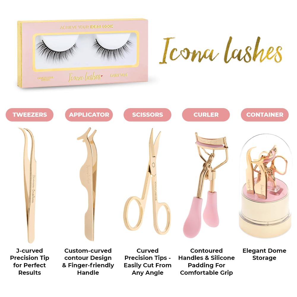 Icona Lashes 4-in-1 False Eyelash Tool Kit - DIY Lash Extensions with Gold Plated Stainless Steel Accessories | Includes Tweezer, Curler, Scissors