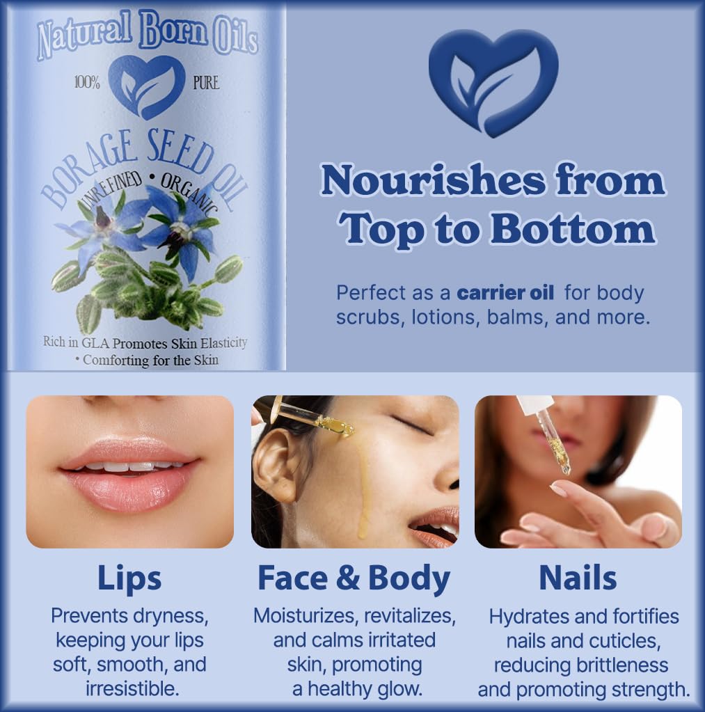Natural Born Oils Borage Seed Oil, 8oz, Organic, Cold-Pressed, Carrier Oil, Omega-6 Rich, Skin Moisturizer, Hair Health Enhancer
