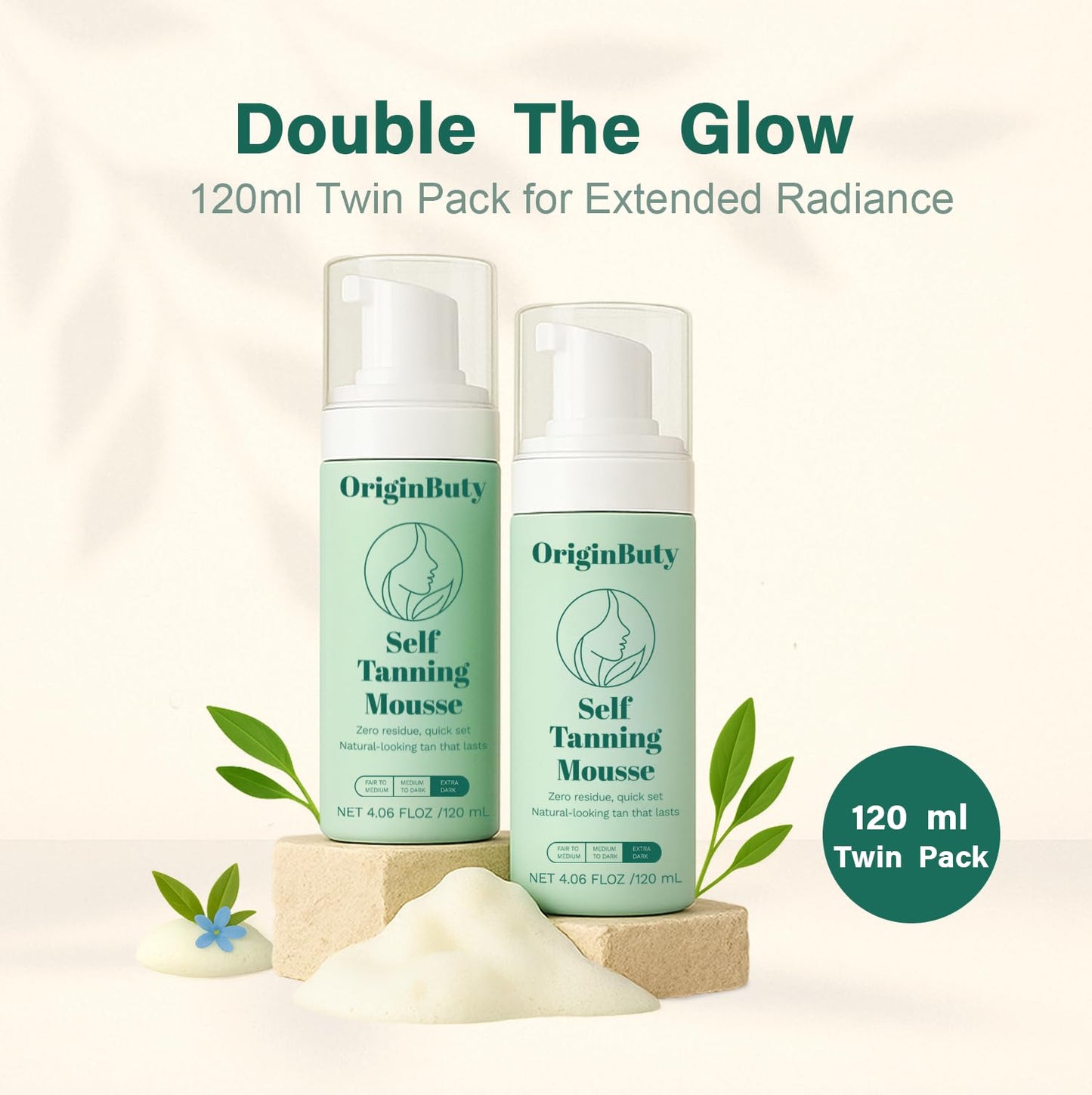 Self Tanner Mousse for Body, 2 Pack 120ml | Streak-Free Natural Looking Tan | Fast Dry Sunless Tanning Foam | No Orange, Lightweight & Even Coverage, DARK