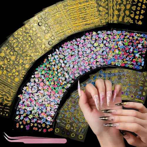 Teenitor 50 Sheets Nail Stickers for Nail Art, Flower Nail Art Stickers Gold Floral Nail Decals for Nails Design, Nail Decor Nail Accessories for Women Girls Kids Summer