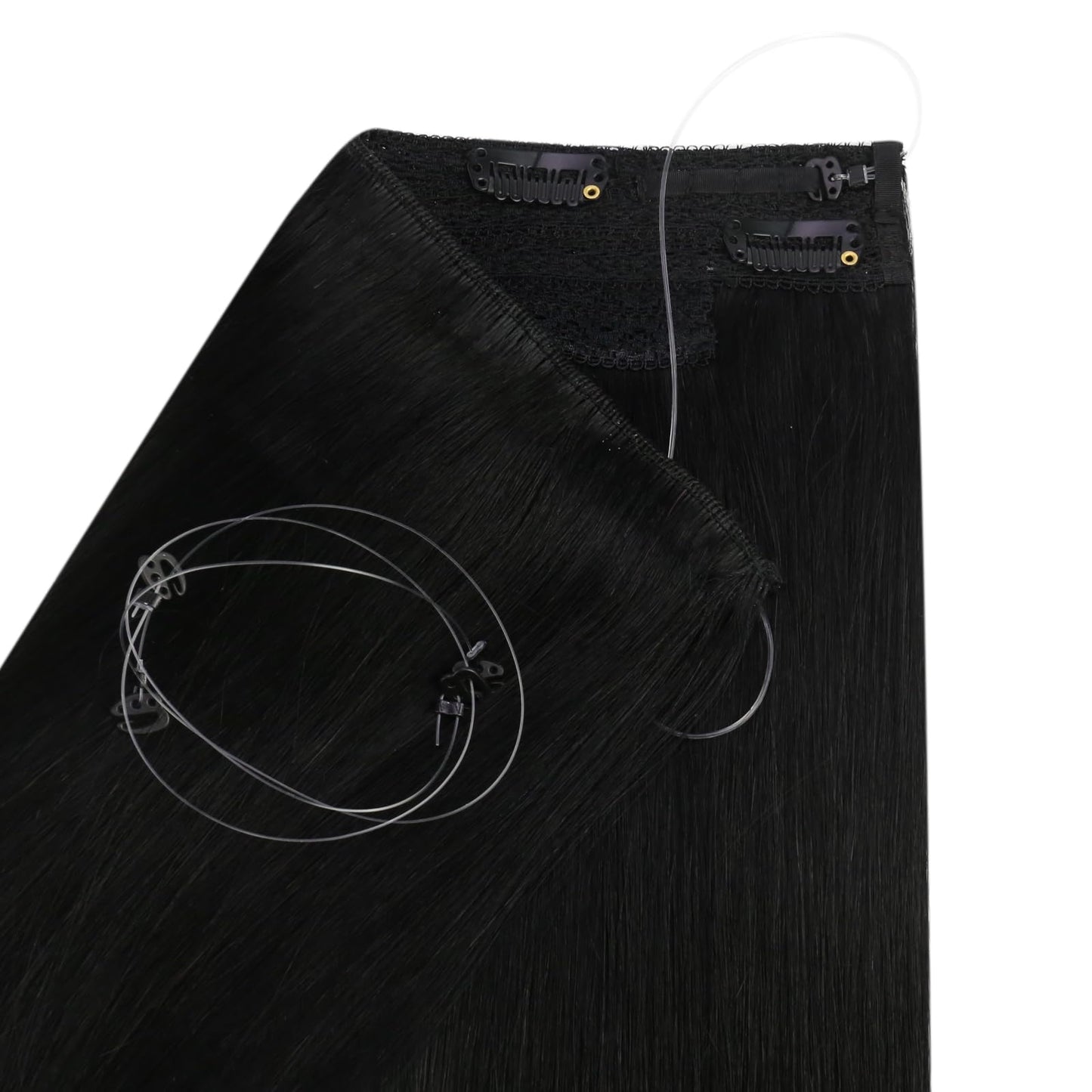 Ugeat Wire Hair Extensions Black Invisible Wire Hair Extensions Jet Black Wires Hair Extension Human Hair Ease Of Application 16 Inch 80g