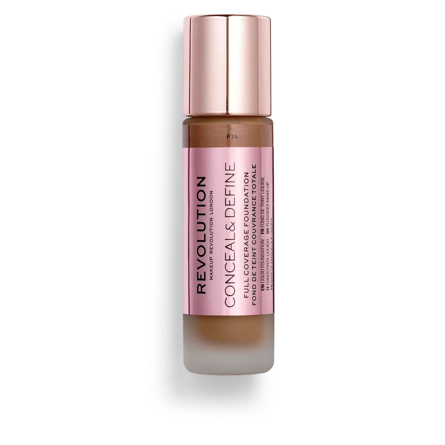 Revolution Beauty London, Conceal & Define Foundation, Full Coverage, Long-Lasting Matte Finish, Vegan & Cruelty-Free, F14 Dark Skin Tones, 0.8 fl oz