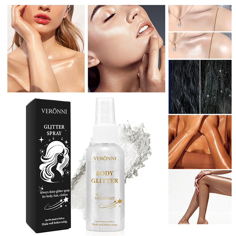 Body Glitter Spray for Face Hair Body, Silver White Body Shimmer Spray Sparkle Powder, Long Lasting and Quick-Drying Highlight Glitter for Stage, Festival, Party and Makeup