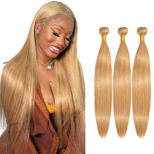 Blonde Hair Extensions - 27 Honey Blonde Straight Bundles | Unprocessed Virgin Hair, 14-18 Inch, 50g Each