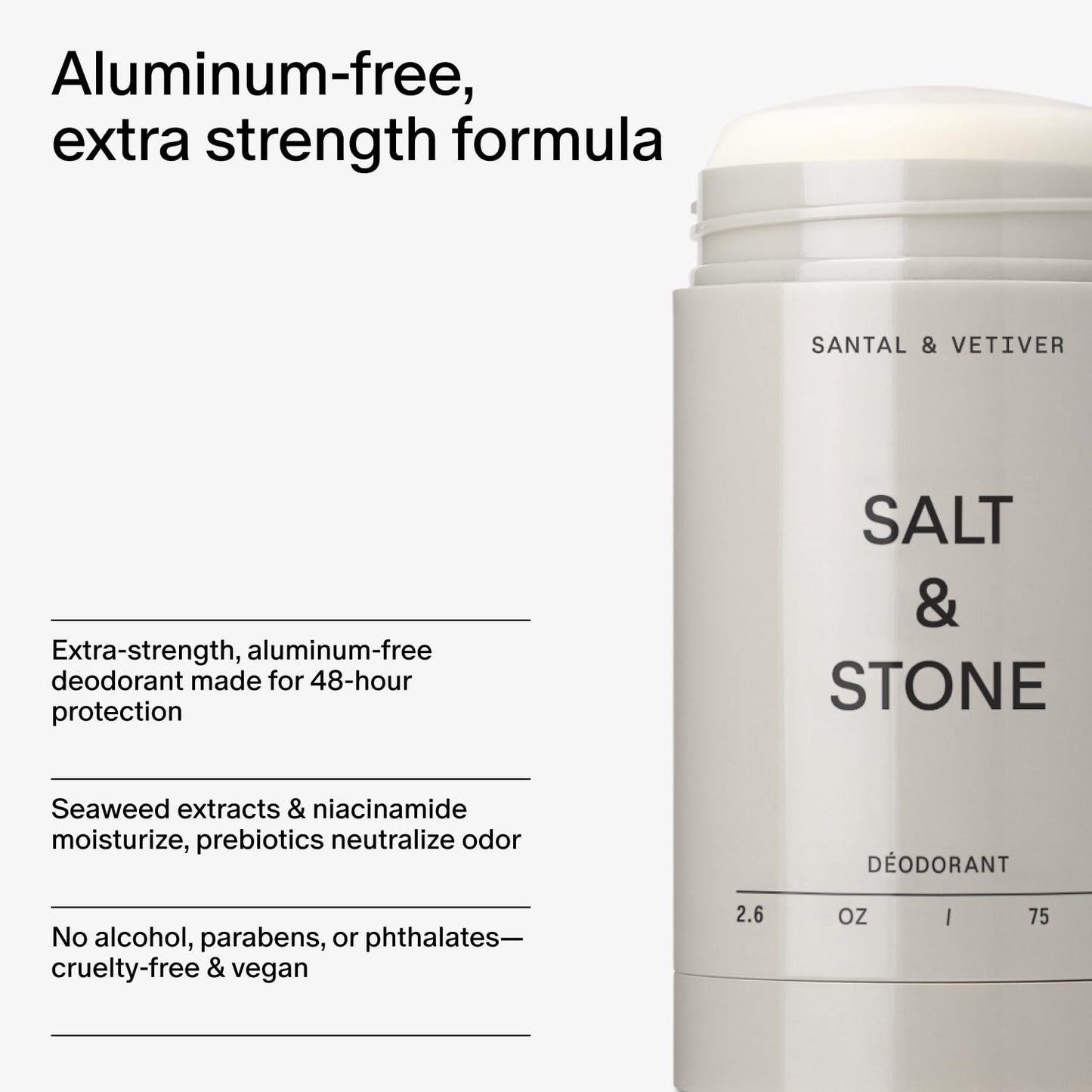 Aluminum-Free Deodorant - Extra Strength 48-Hour Protection for Men & Women | Seaweed Extracts, Niacinamide & Prebiotics | Santal & Vetiver
