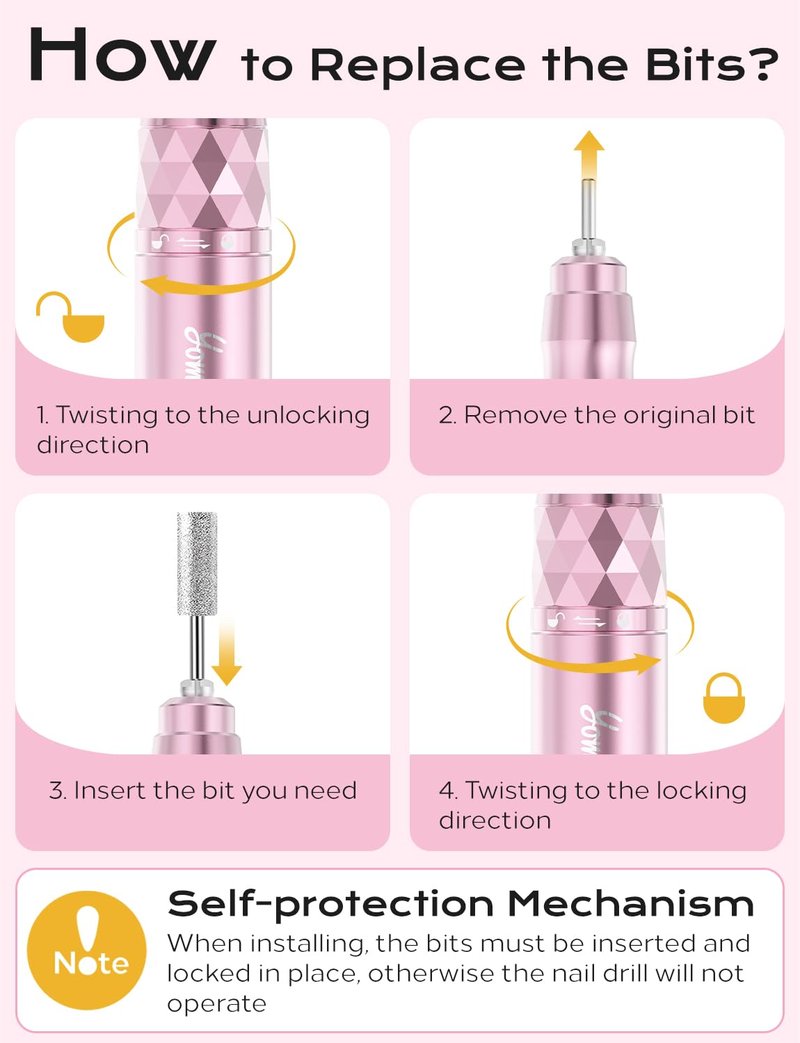 Electric Nail Drill Professional Kit: 45,000 RPM USB Rechargeable Efile Nail Drill Nail File with 12 Bits for Polishing Gel/Acrylic Nails- Portable Manicure Tool Set for Salon/Home-Pink