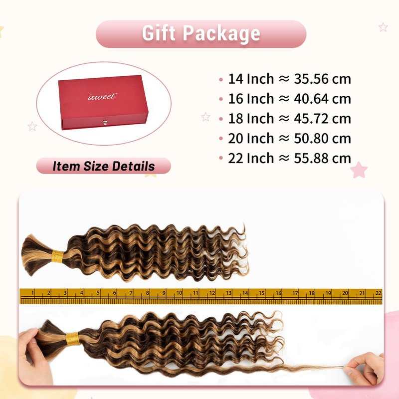 Human Braiding Hair - 22 Inch 60G Deep Wave Bulk for Boho Knotless Braids | Wet & Wavy Curly Hair