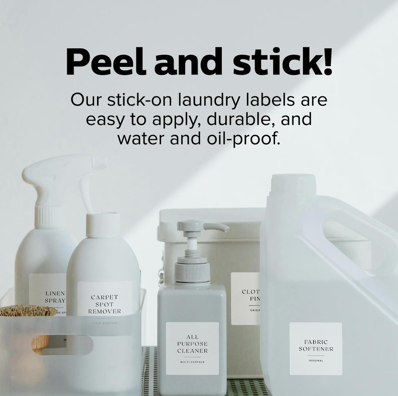 ThreeKin Collective Laundry & Home Organization Labels - 30 Waterproof & Reusable Stickers for Bottles, Jars, Containers | Easy Apply, Matte Minimalist Design | Dishwasher Safe, BPA-Free | USA-Owned
