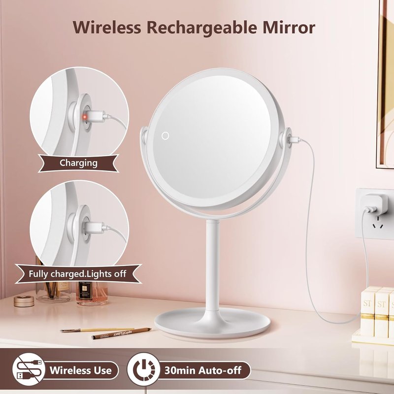 Magnifying Makeup Mirror with Light - 3 Color Settings, Rechargeable, Double-Sided | 8.6-Inch Large