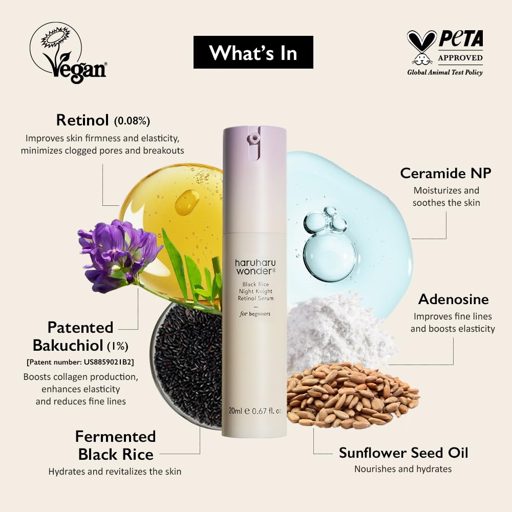 haruharu wonder Black Rice Night Knight Retinol Serum, Refining & Smoothing, Firms Skin, Reduces Fine Lines, Hydrating Formula, 0.67 fl.oz