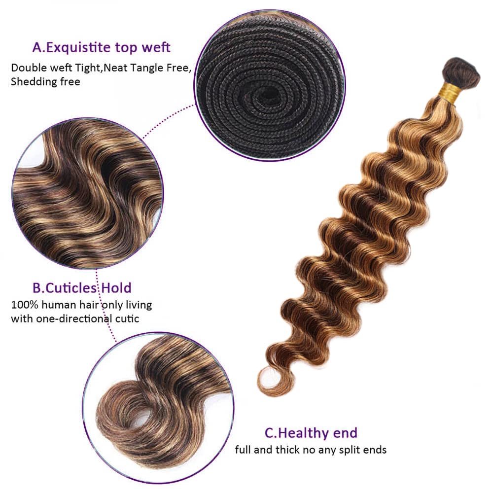 P427 Honey Blonde Bundles Human Hair Deep Wave Bundles 26 28 30 Inch Human Hair Weave Blonde 3 Bundle Unprocessed Brazilian Virgin Hair Brown Deep Wave Human Hair Extensions 50 Grams/Bundle