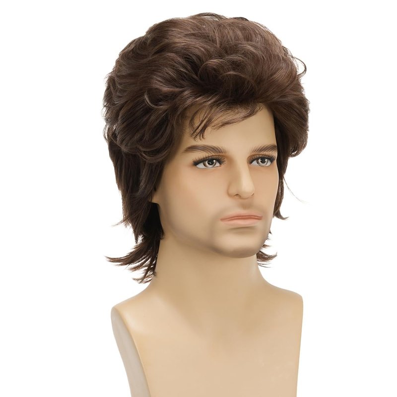 Sabosi Men 80s Wig Short Brown Mullet Wigs,Disco Rocker Punk Synthetic Hair for Daily Cosplay Halloween Wigs