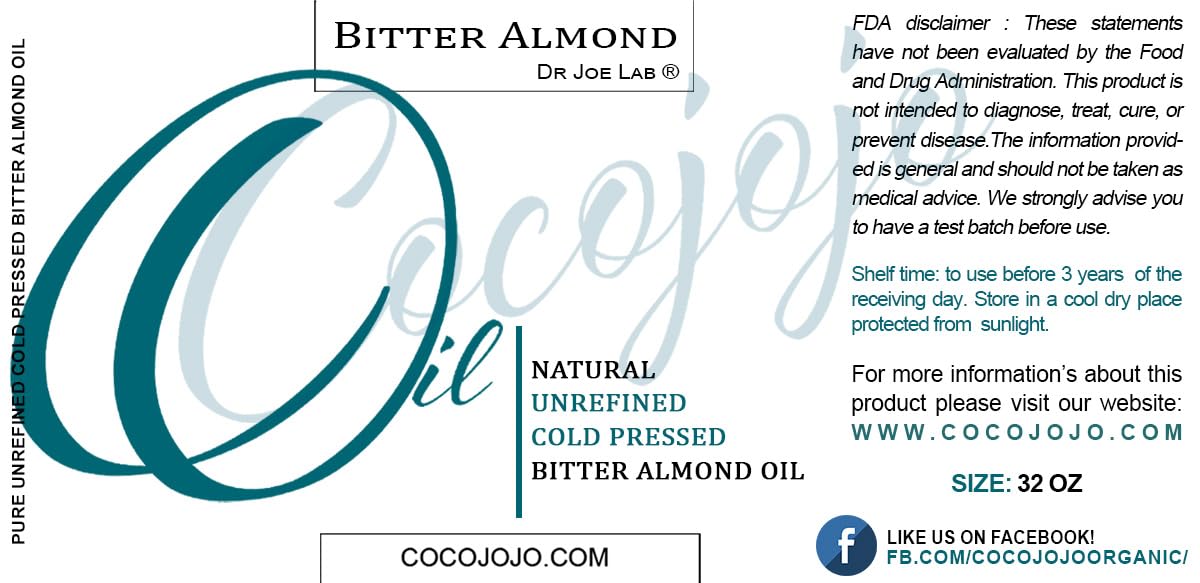 Pure Bitter Almond Oil - Unrefined Cold Pressed 32 oz | All-Natural for Hair, Face, Skin & Nails