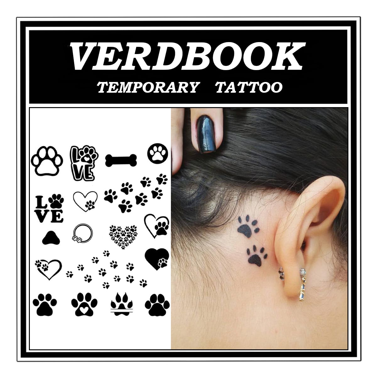 VERDBOOK Waterproof Temporary Tattoos: 2-Sheet Tattoo Kit with Realistic Body Stickers, Semi-Permanent Tattoos for Adults Lasting 7-15 Days – Safe for Men & Women, Paw Motif Set