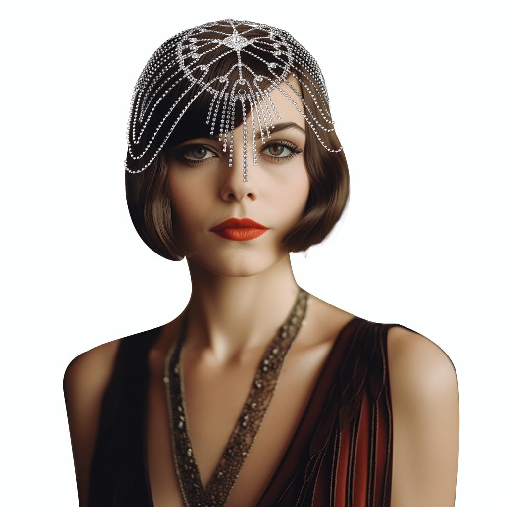 Vijiv 1920s Rhinestone Headpiece for Women Wedding Bride Flapper Beaded Cap Head Chain Jewelry Roaring 20s Great Gatsby Hair Accessoreis for Art Deco Party Silver