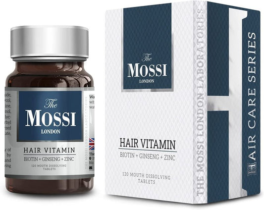 The Mossi London Hair Vitamin (Biotin - Gensing - Zinc) 120 Tablet Mouth Dissolving for Hair Loss Treatment - Thickens Hair - Balances Diet to Help Block DHT