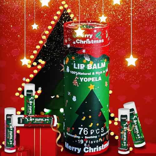Yopela 76 Pack Christmas Natural Lip Balm Bulk with Vitamin E and Coconut Oil Lip Care Set - Moisturizing, Soothing, and Repairing Dry and Chapped Lips - 19 Flavors - Non-GMO