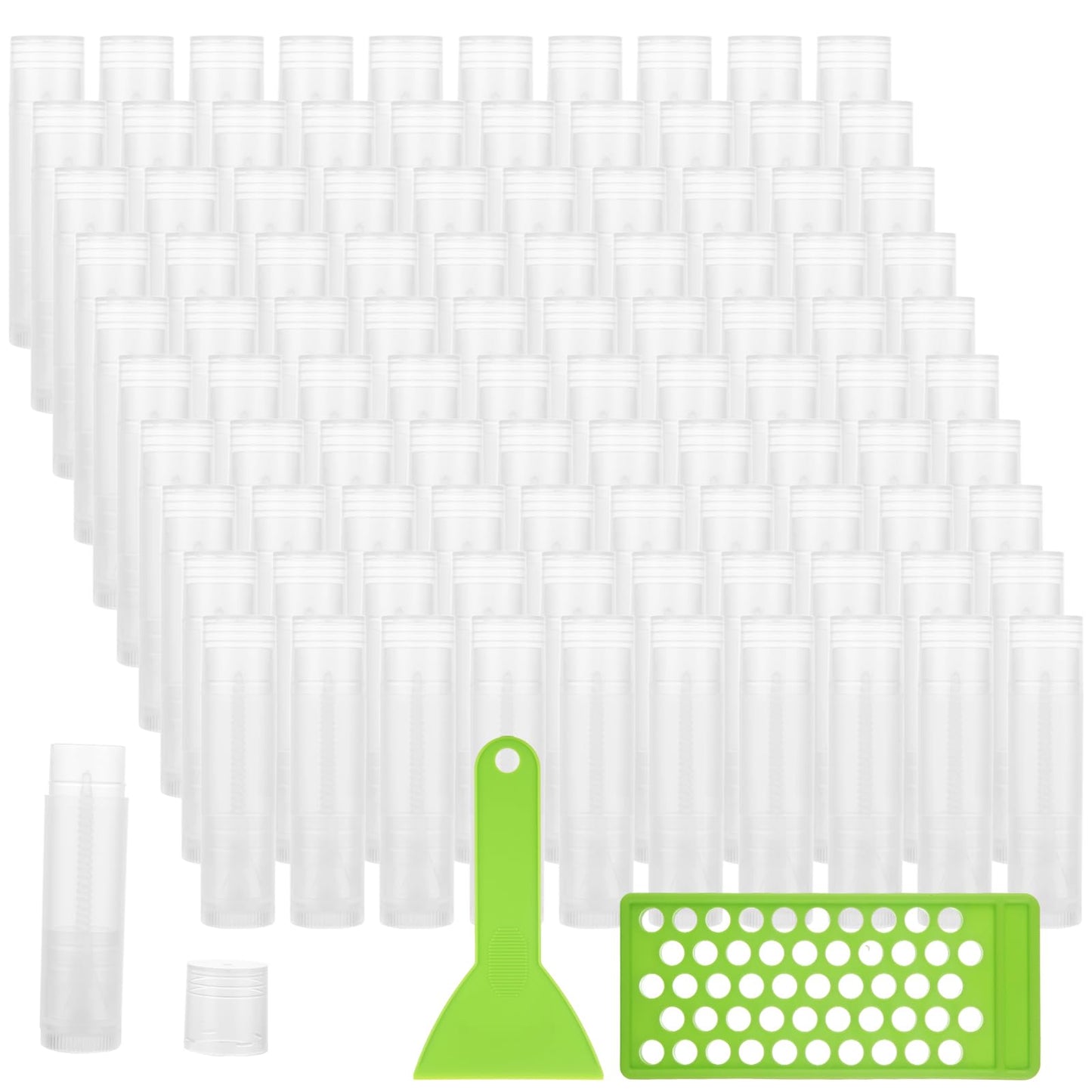 LANIAKEA 100PCS Lip Balm Tubes with Caps and Filling Tray and Spatula Set, Clear Lip Balm Container Tubes Empty Chapstick Tubes Empty Bulk for DIY Lipstick Homemade 3/16 Oz (5.5 ml)