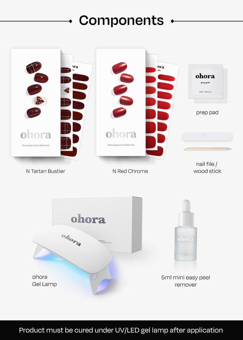 ohora Semi Cured Gel Nail Strips ([2025 Christmas Set] N Tartan Bustier & N Red Chrome) - Works with Any Lamps, Salon-Quality, Long Lasting, Easy to Apply & Remove