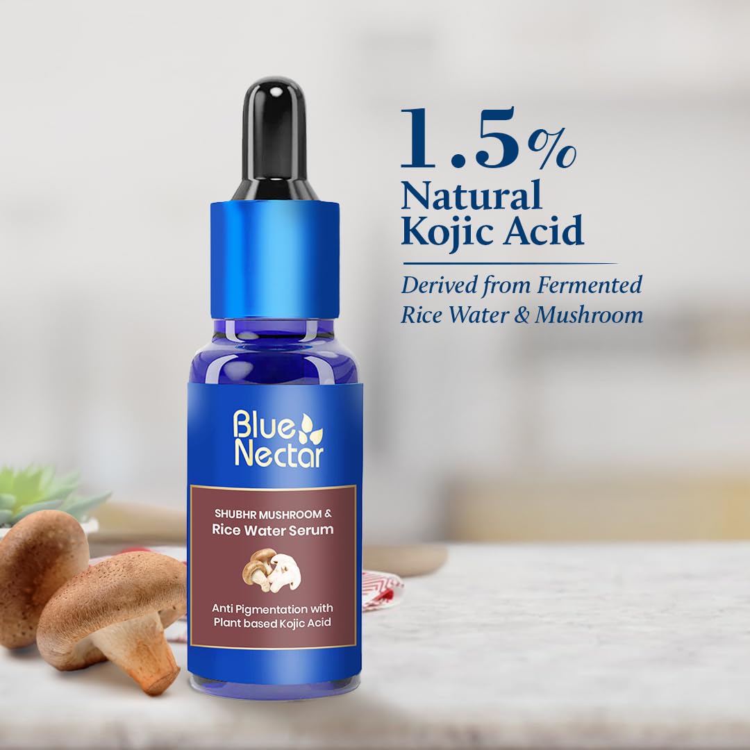Blue Nectar 1.5% Kojic Acid Face Serum | Mushroom & Rice Water Skin Serum for Reducing the Appearance of Pigmentation & Dark Spots | Night & Day Serum for Women & Men (18 Herbs, 30ml)
