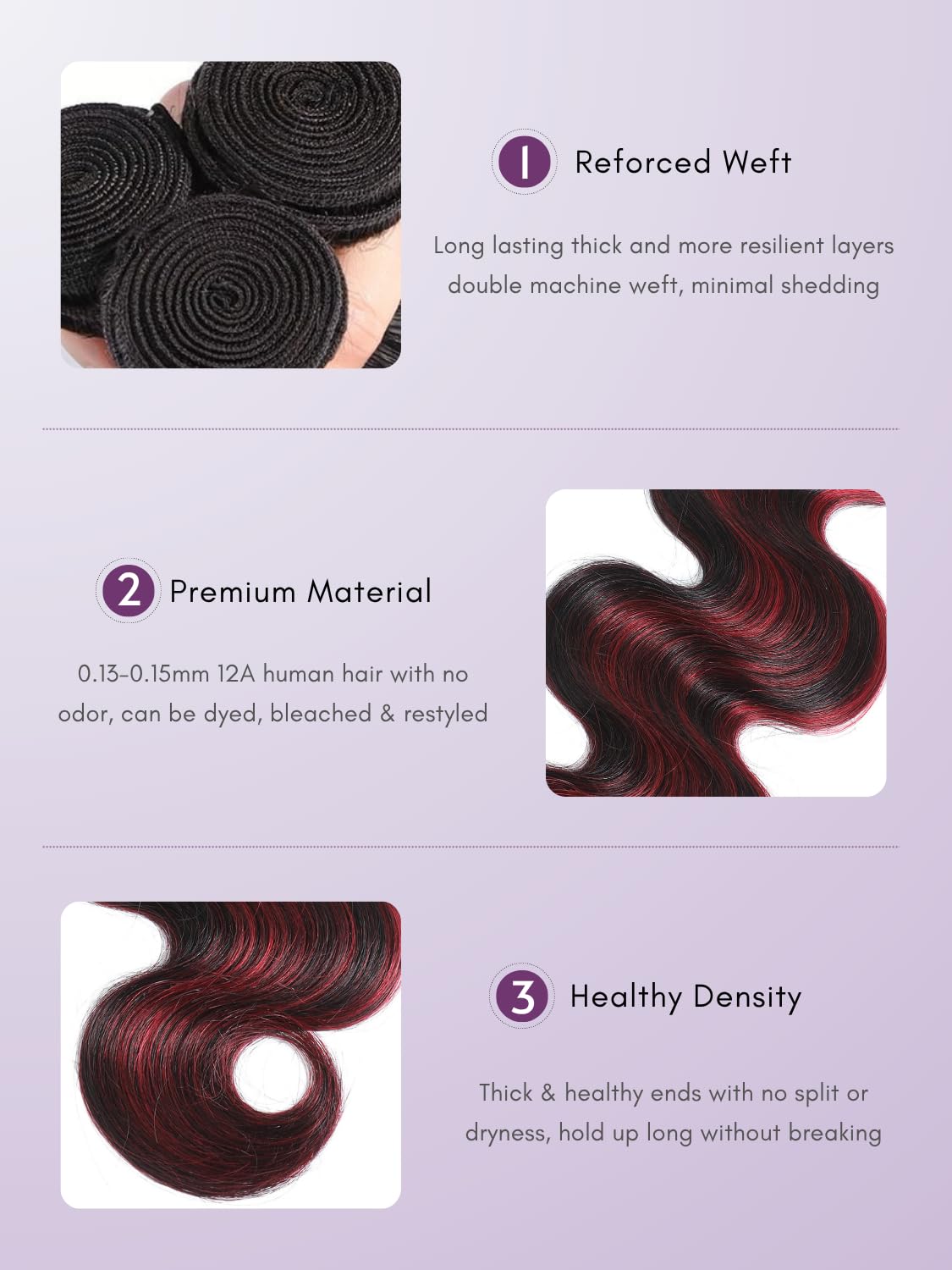 AUROO Burgundy Highlight Body Wave Single Bundles Human Hair, 12A 100% Virgin Ombre Red 99J Burgundy and Black Colored Human Hair Bundles Thick Track F1B/Burgundy Brazilian Quick Weaves Remy 14 inch